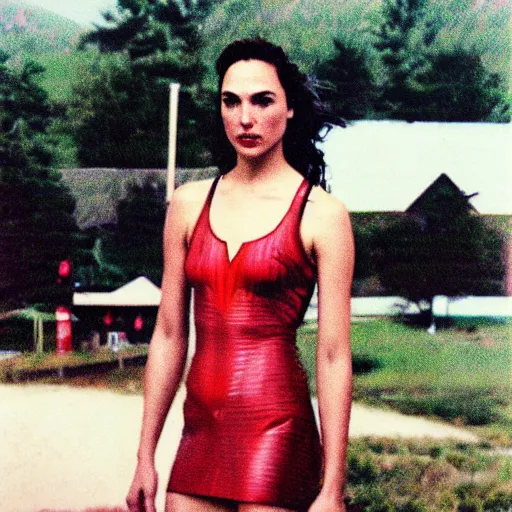 Image similar to a disposable camera picture of gal gadot in a small rural american suburb, kodak fling 2 0 0, 1 9 8 3