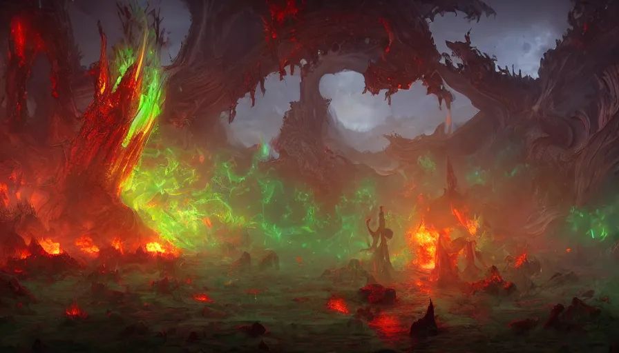 Prompt: Digital painting of Hell with green flames, a giant demon far behind and dead people walking around, hyperdetailed, artstation, cgsociety, 8k