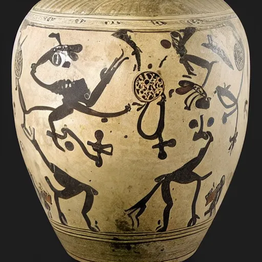 Image similar to medium-shot studio photo of an ancient greek vase with frogs and ornaments, British museum,