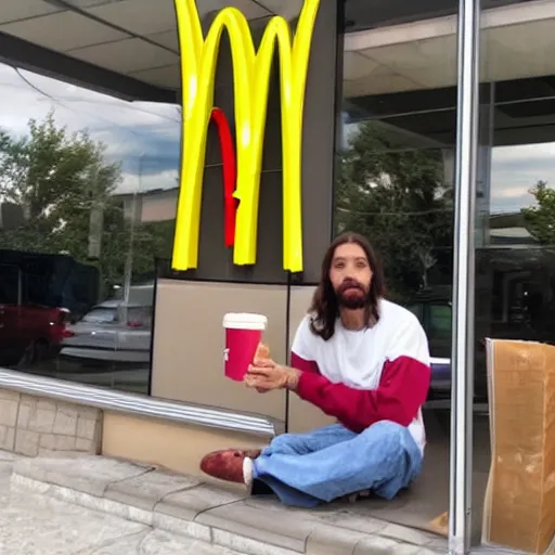 Prompt: Jesus on a lunch break at McDonalds