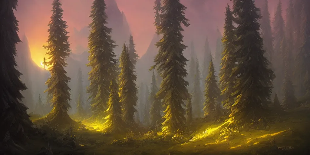 Prompt: group of pine trees in the evening by andreas rocha, by justin gerard, by anato finnstark