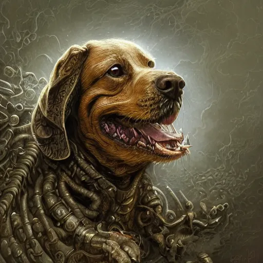 Prompt: low angle shot of a dog by clive barker, intricate, elegant, highly detailed, centered, digital painting, artstation, concept art, smooth, sharp focus, illustration, artgerm, Tomasz Alen Kopera, Peter Mohrbacher donato giancola, Joseph Christian Leyendecker, WLOP, Boris Vallejo.