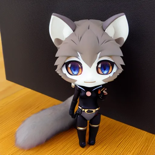 Prompt: nendoroid eyes kawaii chibi furry female grey fox, stained glass, detailed, custom