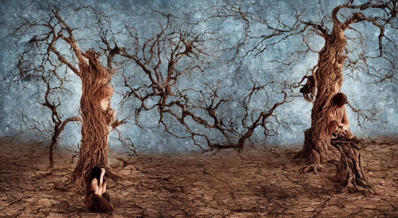 Image similar to 65-year-old woman merged with a tree, crying one single tear, facing the camera and sitting on a dried up river in a desolate land, blue sky, hot and sunny, highly-detailed, elegant, dramatic lighting, artstation, 4k, cinematic landscape, photograph by Elisabeth Gadd
