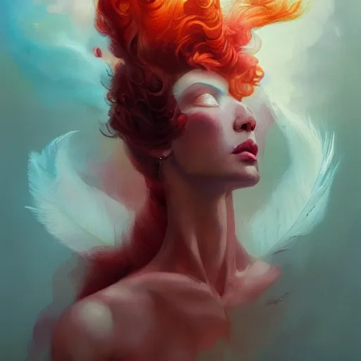 Image similar to a painting of a woman who made of curly red edges silk is holding a sword, a digital painting by peter mohrbacher, trending on artstation, metaphysical painting, speedpainting, made of feathers, digital painting, holographic undertones, highly saturated colors, 4 k, digital art, concept art, trending on artstation