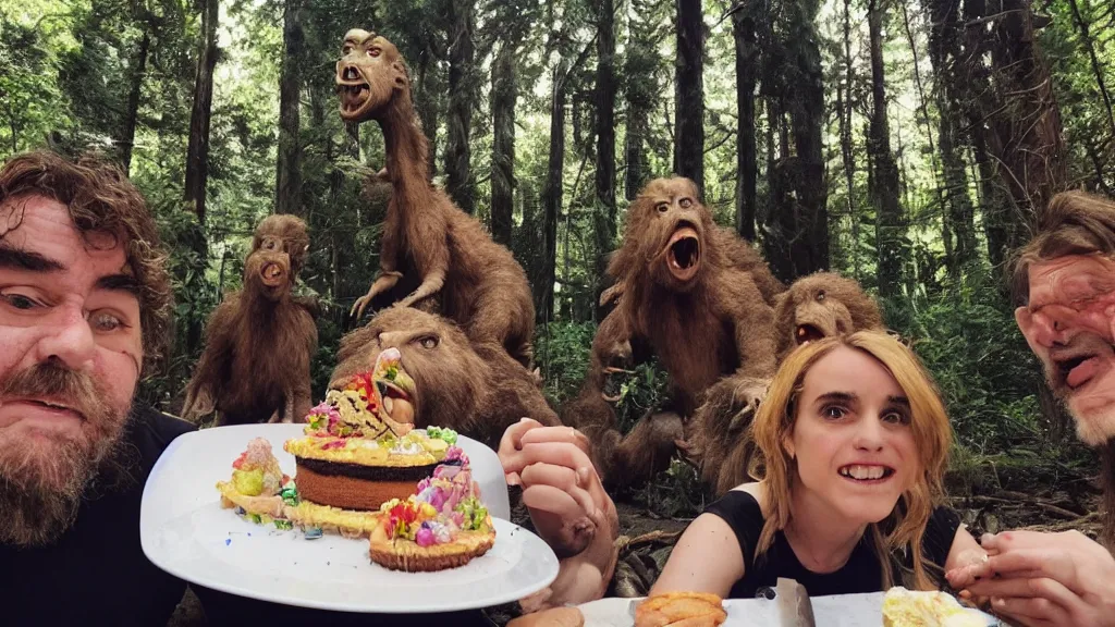 Image similar to photo, three hairy fat neanderthal people, emma!! watson!!, eating outside, surrounded by dinosaurs!, gigantic forest trees, sitting on rocks, bright moon, birthday cake on the ground, front view