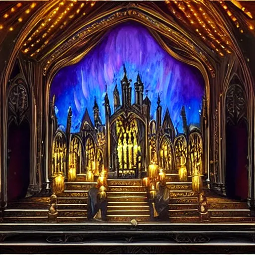 Prompt: ornate gothic performace stage with lights and large sound speaksers, by Megan Duncanson and Raphael Lacoste, detailed 3d gothic oil painting