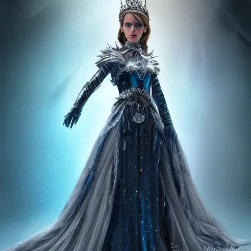 Prompt: emma watson as the Queen of Ice, Ice crystal armor, concept art, 4k, digital art, trending on art station, hd, doll, color, high contrast, expansive backdrop