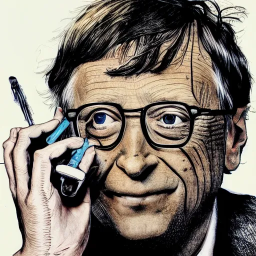 Image similar to bill gates holding a vaccine in his hand, body horror, by ralph steadman