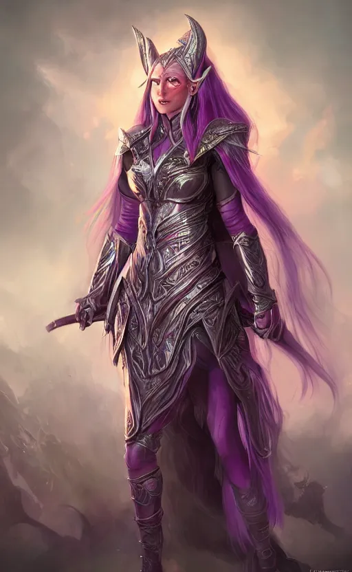 Image similar to a full body portrait of an elven woman with pink skin, and armor fit for a queen, wearing purple headphones, and smiling, dynamic lighting, photorealistic fantasy concept art, trending on art station, stunning visuals, creative, cinematic, ultra detailed