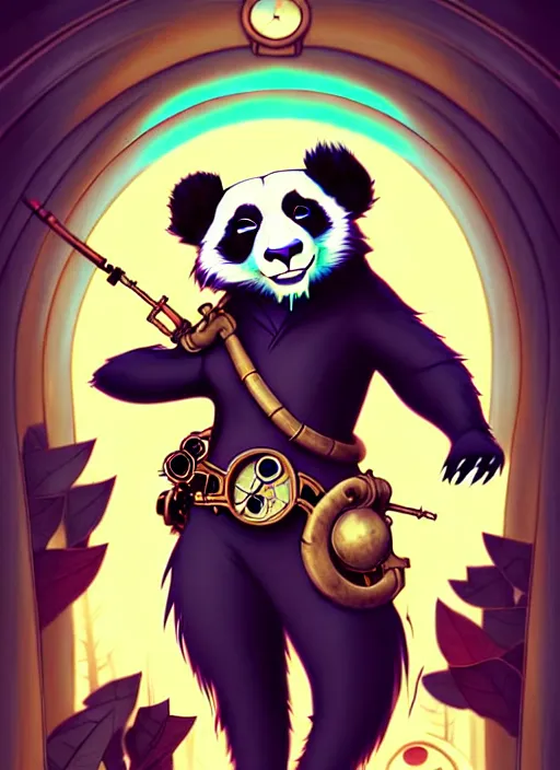 Image similar to don bluth, loish, artgerm, joshua middleton, steampunk, clockpunk anthropomorphic panda, full sailor suit, symmetrical eyes symmetrical face, colorful animation forest background