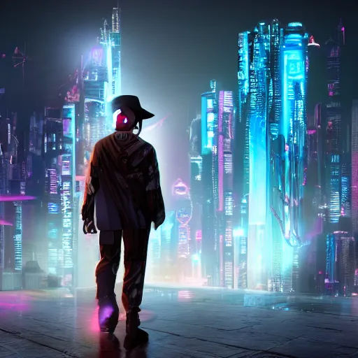 Image similar to a man wearing a hat from the future, cyberpunk background, highly detailed, epic lighting, 8 k