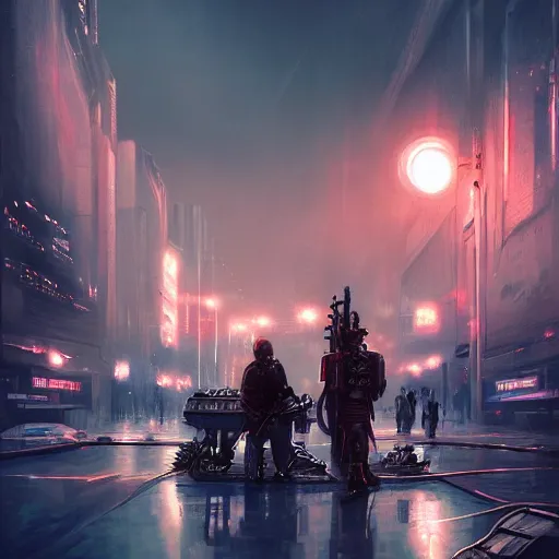 Image similar to Cyberpunk city, street vendors, citizens, augmented cyborgs, robots, skyscapers, buildings, clouds, sunset, painted by seb mckinnon, high detail, digital art, trending on artstation
