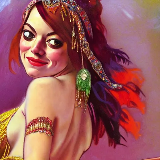 Image similar to a photorealistic portrait of emma stone dressed as a belly dancer, arabian night, high quality, fully detailed, 4 k, in focus sharp face with fine details, realistic hand details and anatomy composition, inspired by belly dancer on youtube, alphonse mucha, masterpiece, stunning