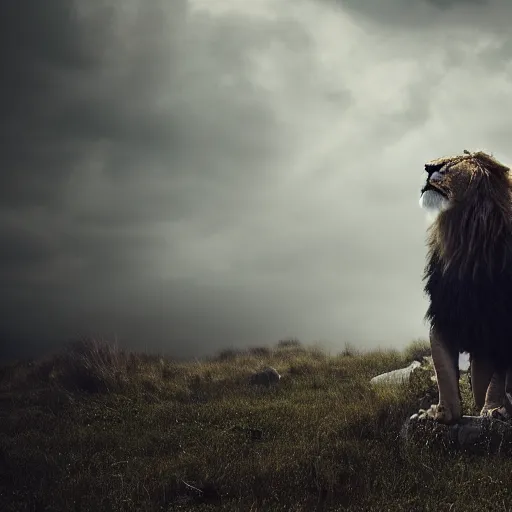 Prompt: ferocious lion standing upright with eagle’s wings, terrifying, frightening, cinematic lighting, 8k