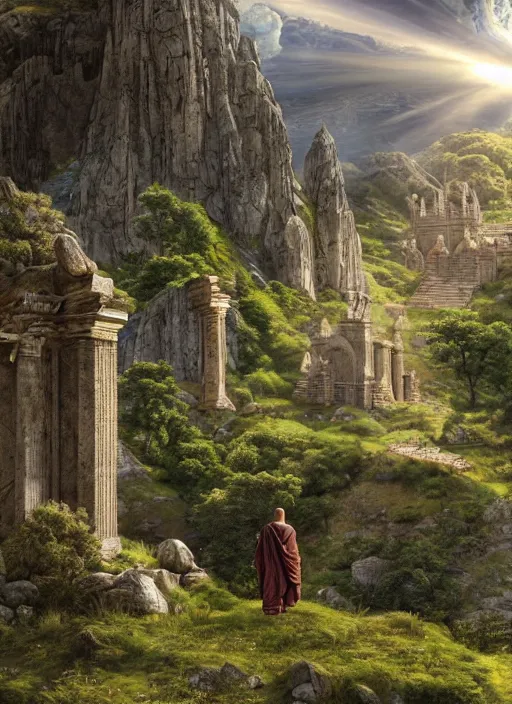 Image similar to a cosmic monk in lord of the rings scenery landscape, looking out at a big tiberian temple complex on a mountain, vast lush valley at sunrise, river, god's rays, highly detailed, vivid color, cinematic lighting, perfect composition, 8 k, gustave dore, derek zabrocki, greg rutkowski, belsinski, octane render