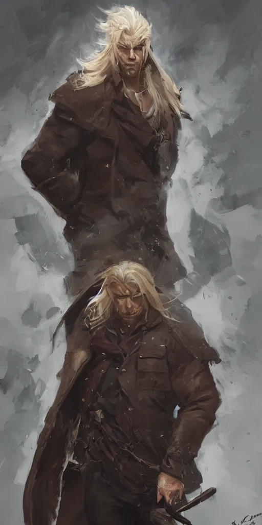 Image similar to portrait of a muscular, grim, ponytail haired blonde man in his late 30's, wearing a thick brown leather coat, looking to his side, hunter, DnD character, fantasy character, digital art by Ruan Jia, Krenz Cushart, Rossdraws and Boris Vallejo