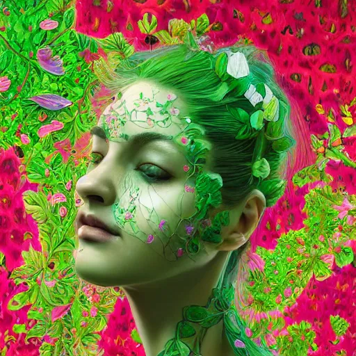 Image similar to the portrait of an absurdly beautiful, graceful, elegant, young woman made of strawberries and green petals looking up, an ultrafine hyperdetailed illustration by kim jung gi, irakli nadar, intricate linework, bright colors, octopath traveler, final fantasy, angular, unreal engine 5 highly rendered, global illumination, radiant light, detailed and intricate environment