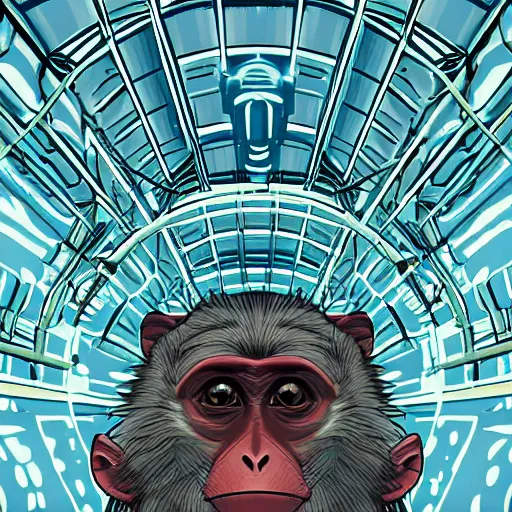 Image similar to macaque inside alien base, digital art,