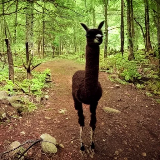 Image similar to llama in a forest, trail cam footage, night, gloomy