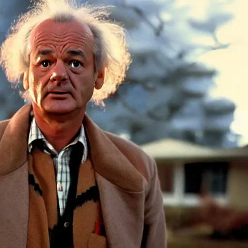 Prompt: bill murray plays doc brown in back to the future, film still, promotional shot