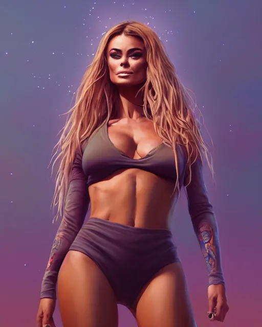 Image similar to highly detailed vfx portrait of, carmen electra in leggings by stephen bliss, chalk, unrealengine, greg rutkowski, loish, rhads, beeple, chalk, makoto shinkai and lois van baarle, ilya kuvshinov, rossdraws, tom bagshaw, basil gogos