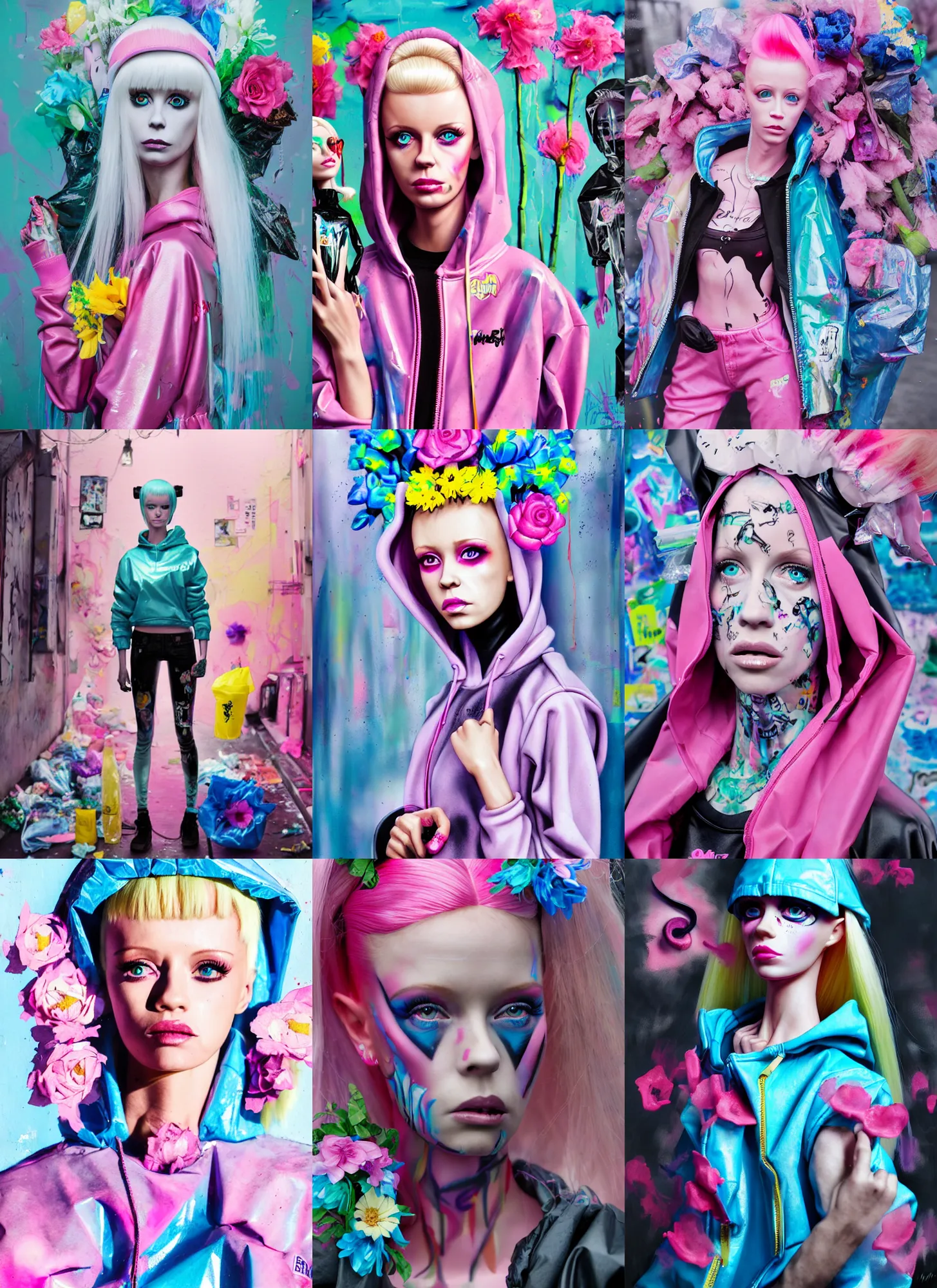 Prompt: still from music video of barbie from die antwoord standing in a township street, wearing a trashbag hoodie garbage bag and flowers, street fashion, full figure portrait painting by martine johanna, ilya kuvshinov, rossdraws, pastel color palette, shiny plastic, spraypainted tattoos, detailed impasto brushwork, impressionistic, valeria lukyanova