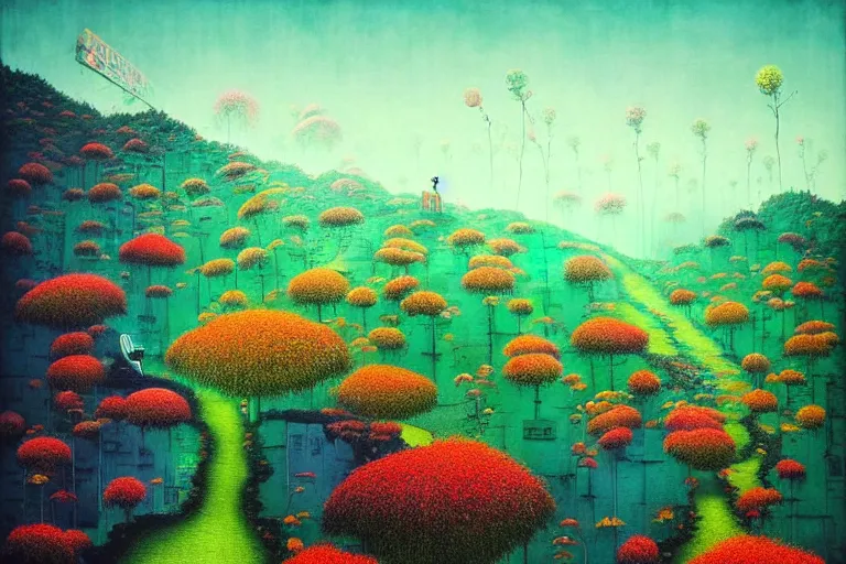 Image similar to surreal glimpse into other universe, genting highland, summer morning, very coherent and colorful high contrast, art by!!!! gediminas pranckevicius!!!!, geof darrow, floralpunk screen printing woodblock, dark shadows, hard lighting, stipple brush technique,