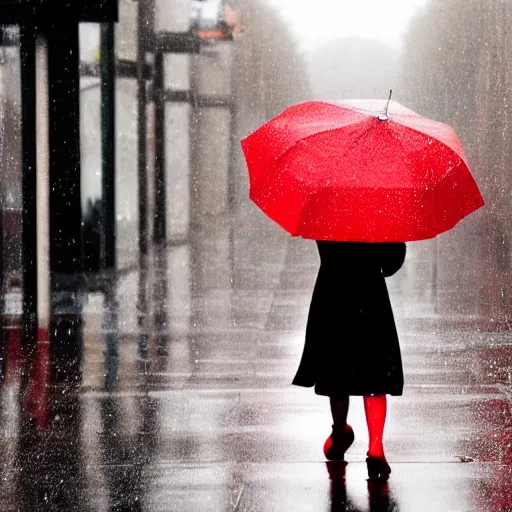 Image similar to girl with red coat walking in rainy street, colour splash, photo