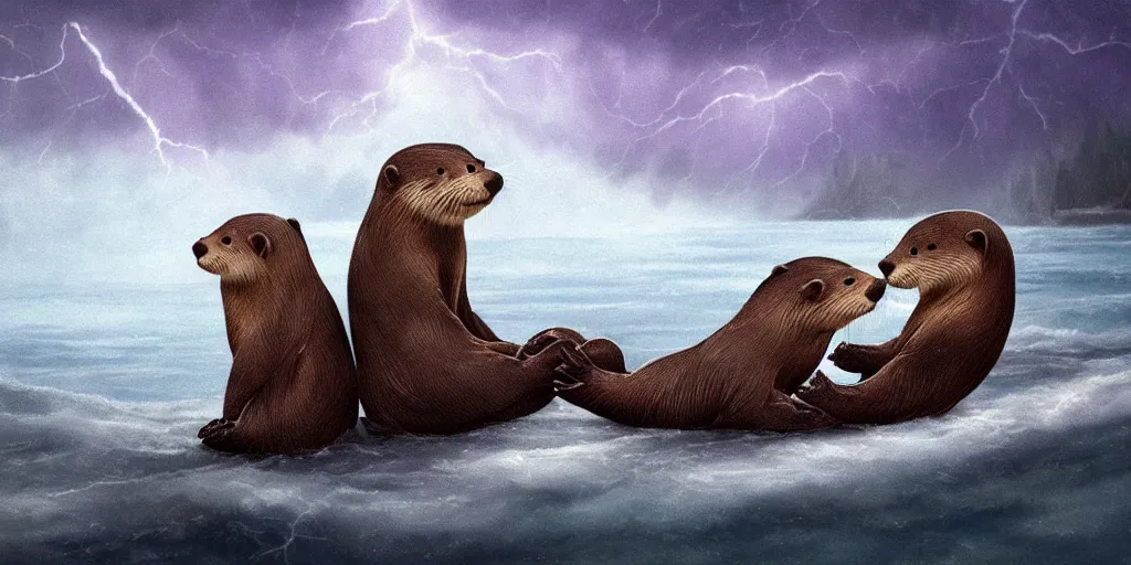 Image similar to Two adorable otters falling in love holding hands side by side, all alone in the middle of a scary storm at sea, fantasy illustration, cinematic, award winning, romantic, detailed trending on artstation, masterpiece