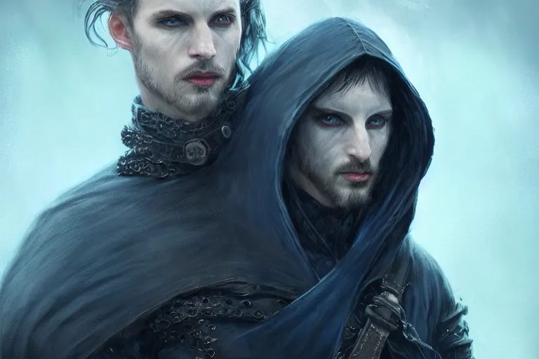 Prompt: ultrarealistic male mage black blight infected face portrait fighting, long black hair blue eyes wearing leather mantle gothic navy cloak with leather details, bone cave, octane render, extreme intricate details, elegant, cinematic lighting, highly detailed, artstation, dnd fantasy character art, cgsociety, sharp focus, beautiful digital painting by artgerm, gerald brom, wlop