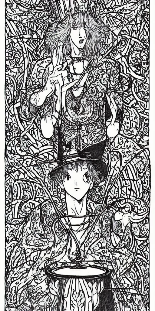 Image similar to a mystical man with a goblet on the table, wizard hat, drawn by Naoko Takeuchi, impressive line work, tarot card. tarot card the magician, psychedelic, intricate, detailed