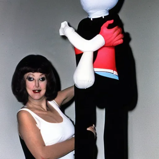 Prompt: 1976 woman wearing an inflatable plastic nose, soft color, wearing a leotard 1976 holding a hand puppet, color film 16mm Almodovar John Waters Russ Meyer Doris Wishman old photo