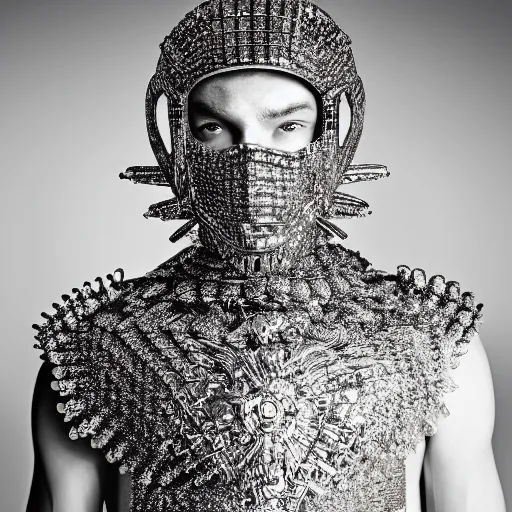 Prompt: a portrait of a beautiful young male wearing an alexander mcqueen armor made of diamonds , photographed by andrew thomas huang, artistic