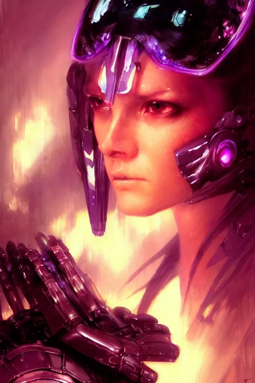 Prompt: extreme close up, facial portrait, woman with a long black ponytail in purple sci - fi armor, kitsune inspired armor, bionic leather armor, small neon lights on armor, cybernetic hands, stoic, grim dark, moody, portrait dnd, painting by gaston bussiere, craig mullins, greg rutkowski, yoji shinkawa