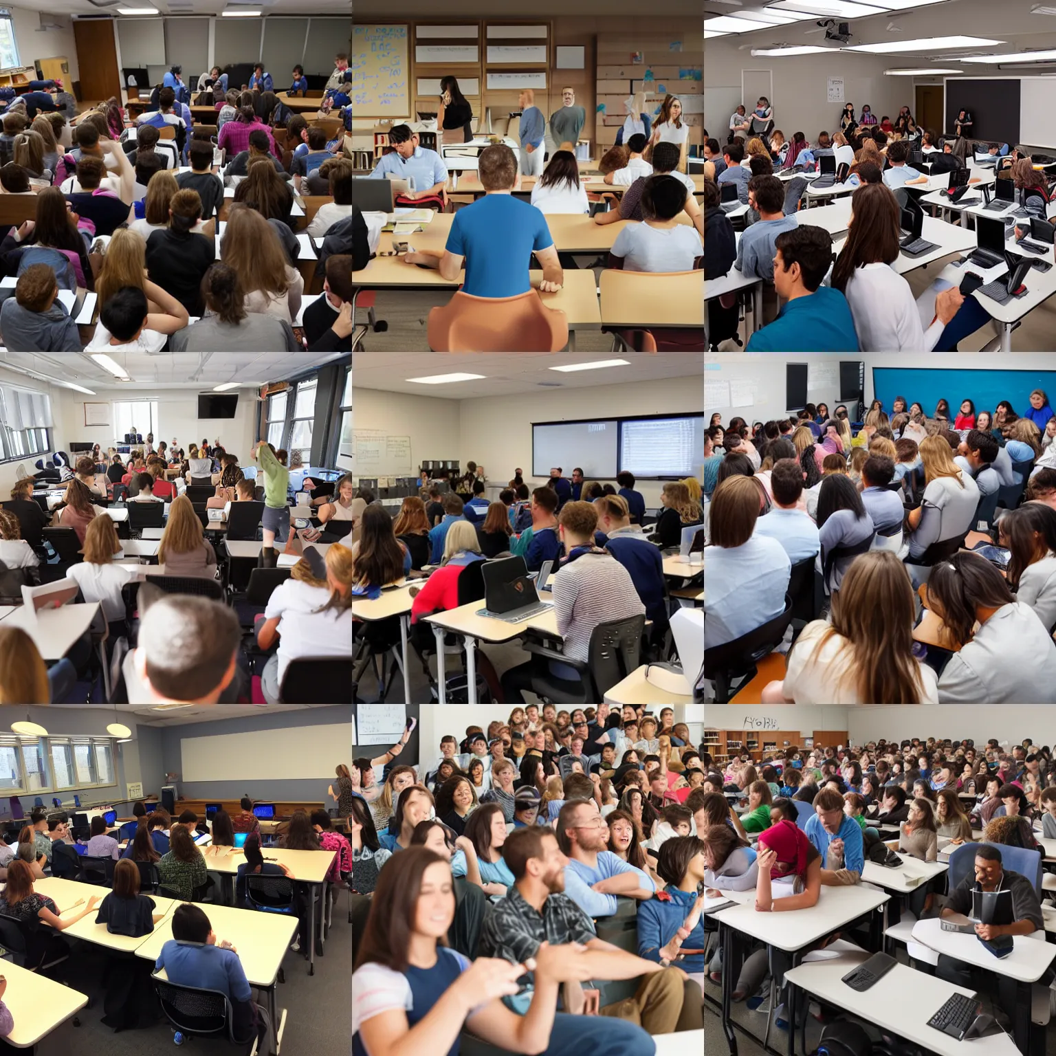 Prompt: first - person view of the back of some adult college students at their desks facing the front of the class the teacher is standing all people with comically enlarged heads