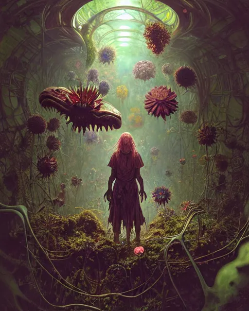 Prompt: the platonic ideal of flowers, rotting, insects and praying of cletus kasady carnage davinci dementor chtulu mandelbulb mandala ponyo the last of us dinotopia the witcher, fantasy, ego death, decay, dmt, psilocybin, concept art by greg rutkowski and simon stalenhag and alphonse mucha