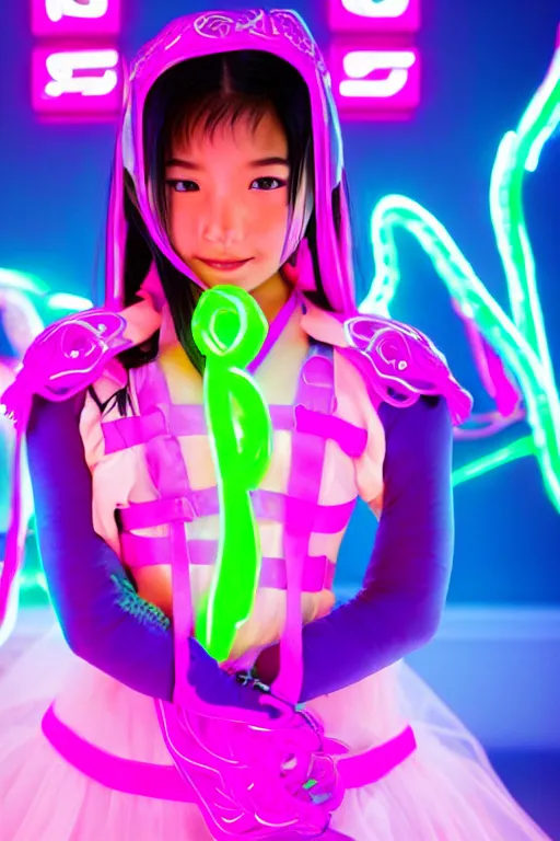 Image similar to young asian princess in neon cyberninja suite