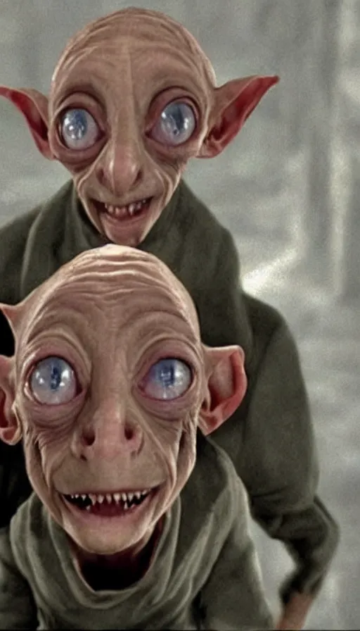 Prompt: dobby gollum testifying in court, cinema still