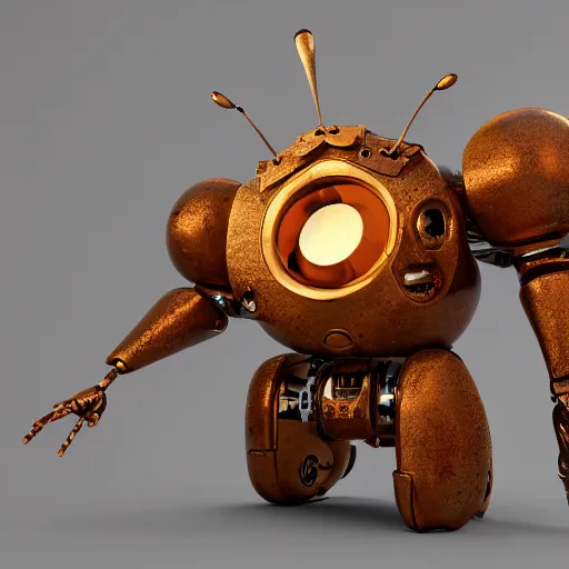 Image similar to a small chubby bot, smooth panelling, one large golden eye intricate detail, with damaged rusty arms, pokemon broken antenna, recycled, floating, white studio, ambient light, in the style of pokedstudios, belnder, octane render, 8 k,