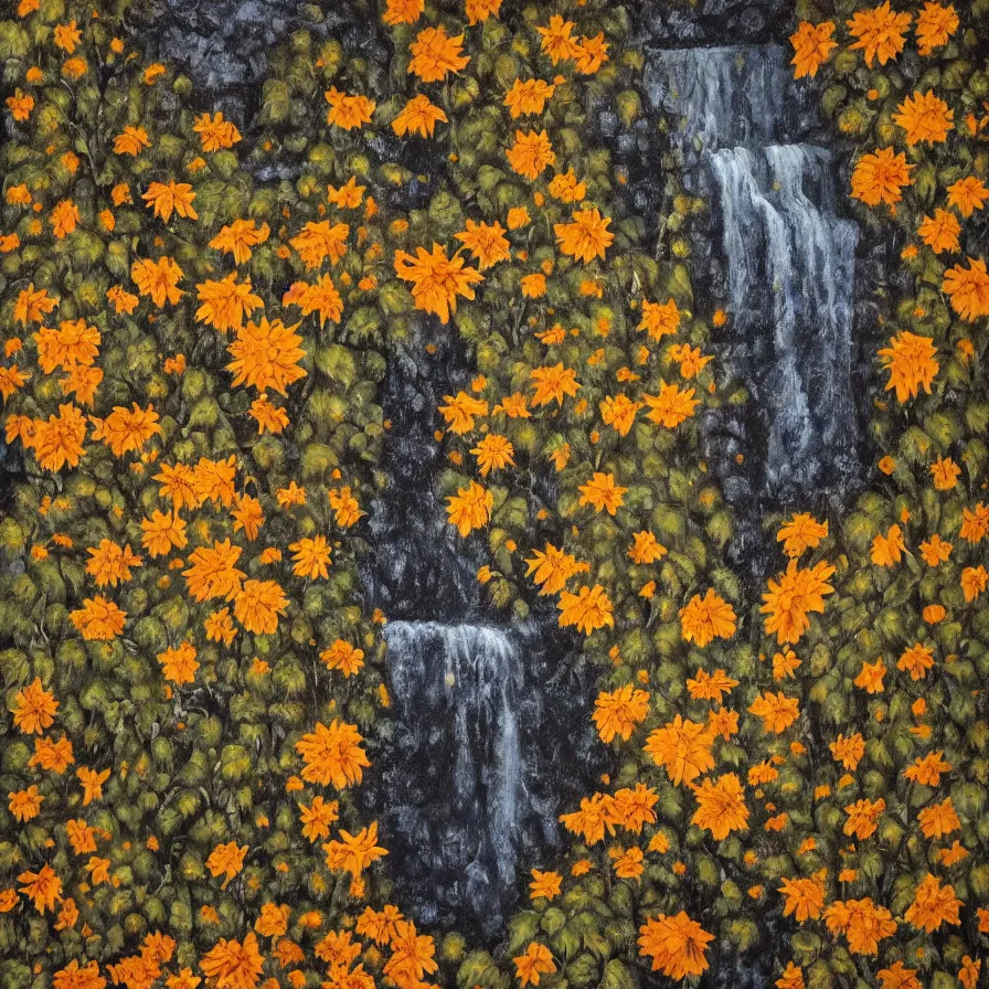 Image similar to artwork about a waterfall full of withered sunflowers and dry nasturtiums with vines, dark tones, moody, night, moonlight