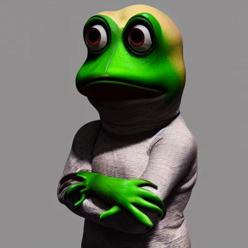 Image similar to a sadge - sad - pepe - the - frog, looking more depressed than usual, quivering lips, fists in the air, sweat flying, cgi render, zbrush, octane, keyshot render