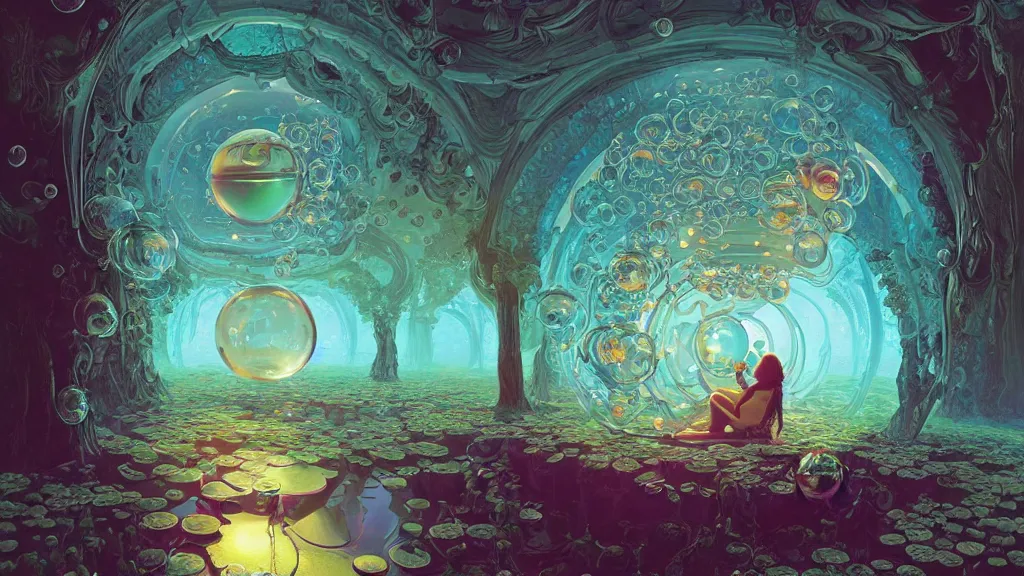 Image similar to a beautiful woman inside ornate bubbles of iridescent liquid, alchemy, intricate, bloom, detailed, volumetric lighting, sharp focus, photorealism, digital painting, highly detailed, concept art, by roger dean and simon stalenhag and mark brooks