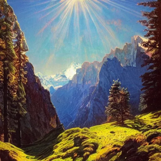 Image similar to wonderful alpine mountain valley, swiss, astral appearance, cinematic light, sublime, colorful, light shafts, dramatic light, by august malmstrom, russian painters, mucha, disney, global illumination, rule of thirds, perfect central composition.