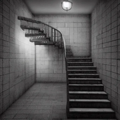 Image similar to scp - 0 8 7 staircase dark nightmare cinematic lightning, epic, realistic, ultra detailed