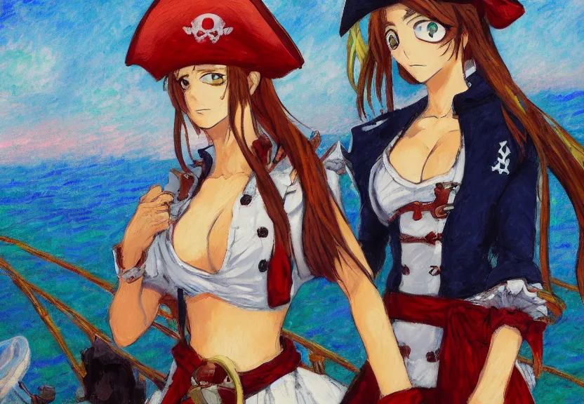 Prompt: wide angle perspective of a female pirate, centered, single subject, a thrifty uniform, somewhat of an anime in impressionist style, trending artwork, made with anime painter studio, by claude monet and an anime artist, collaboration