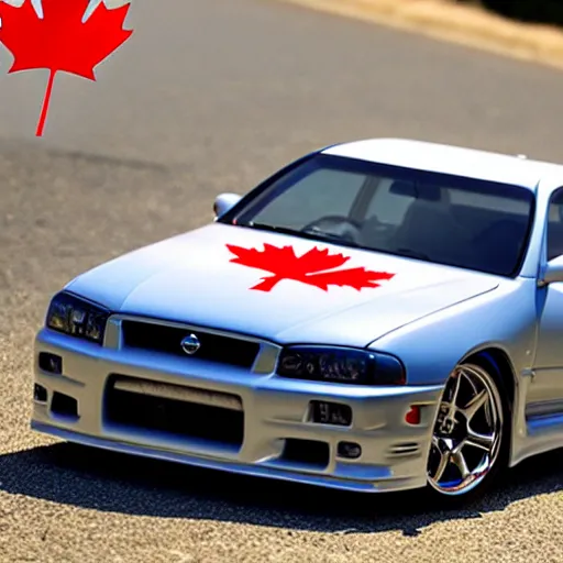 Image similar to nissan skyline r34 with canadian flag paintwork, photography, realistic, detailed