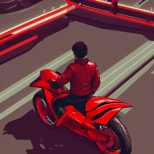 Prompt: man with a red jacket walking toward a red futuristic racing motorbike, isometric view from behind, gray background, ink drawing, panoramic view, wide angle, ultra realistic, intricate details, cyberpunk, ultra detailed, sharp focus, trending on artstation