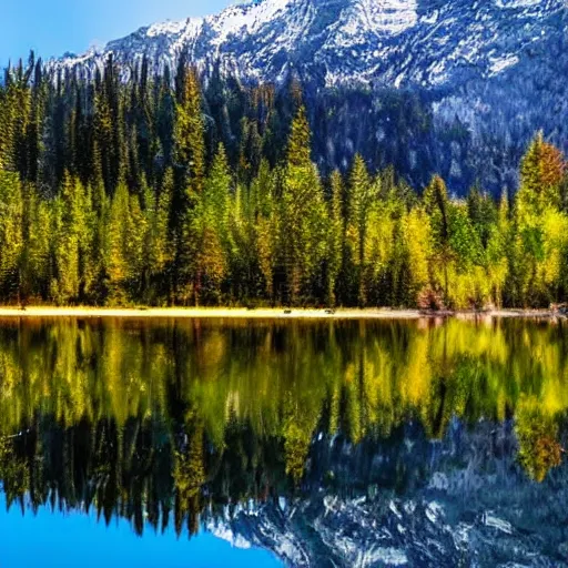 Image similar to a lovely forest, on an island in the middle of a magnificent lake with a mirror reflection of the forest, snow capped mountains in the backdrop, wide angle, high definition.