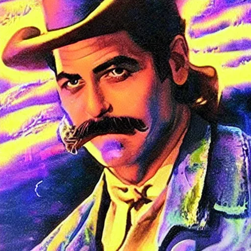 Image similar to black light poster of george clooney as wyatt earp, high detail